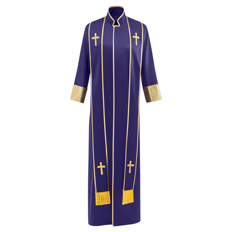 La tenue du pasteur avec broderie croisée multicolore et collier debout