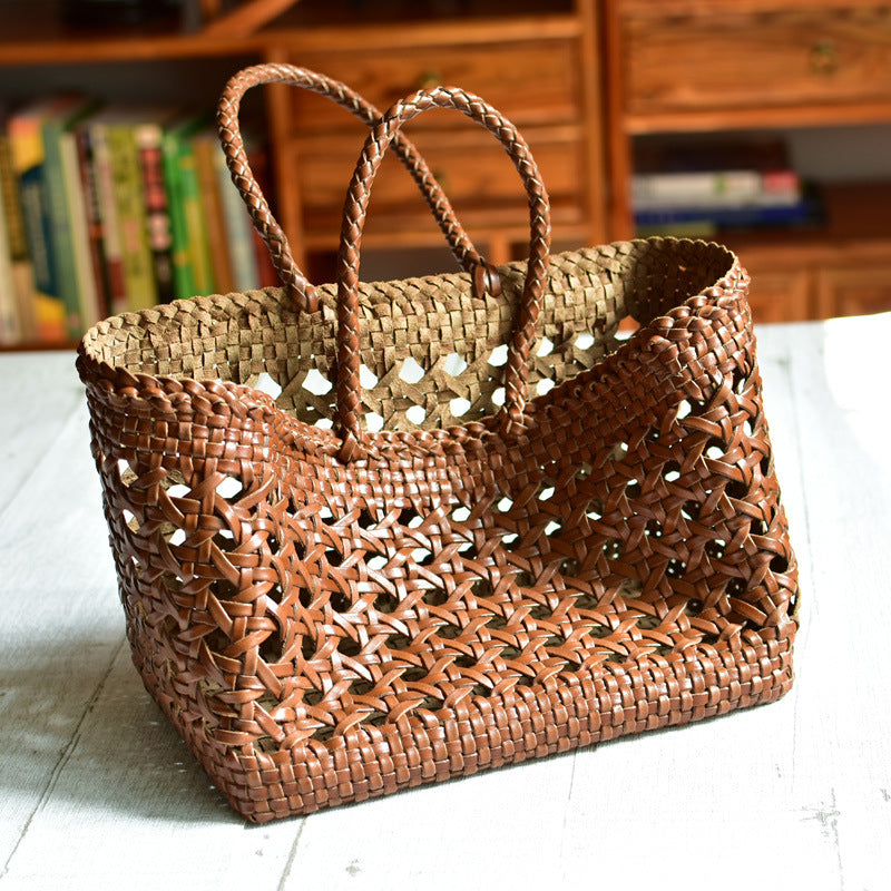 French style woven bag Genuine leather basket shape