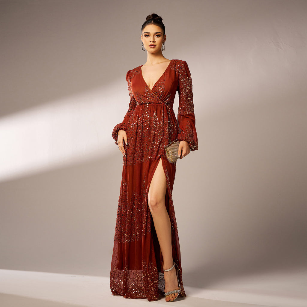 Manches longues Col V Sexy Robe de soirée longue pailletée