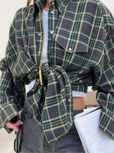 Chemise pour femme d'Amazon Ozon Style rétro enroulé Printemps Automne Hiver Plaid Poche à manches longues