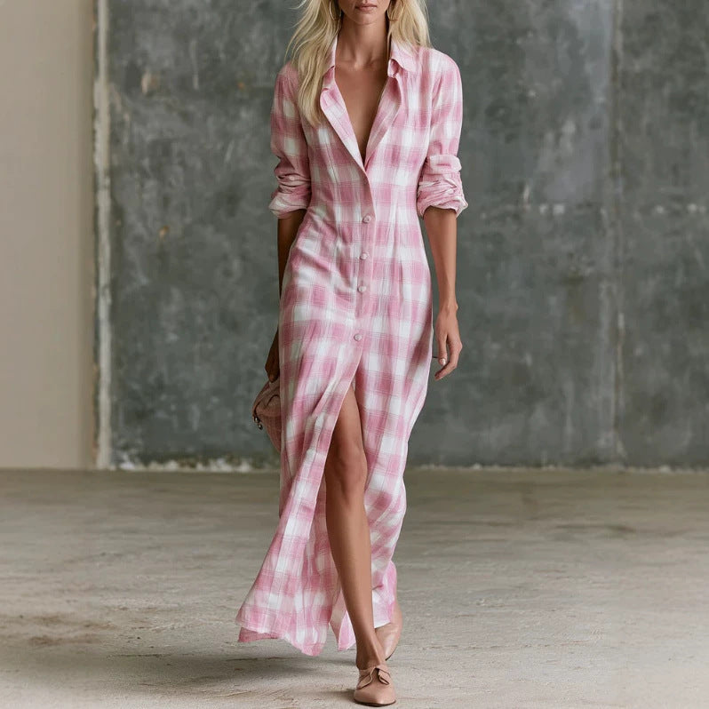 Robe Retro Casual Plaid Maxi
