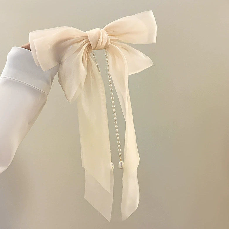 Ethereal Bow Pearl Tassel Clip Cheveux Femmes Ribbon Updo Élégant ressort Clip Cheveux Accessoire