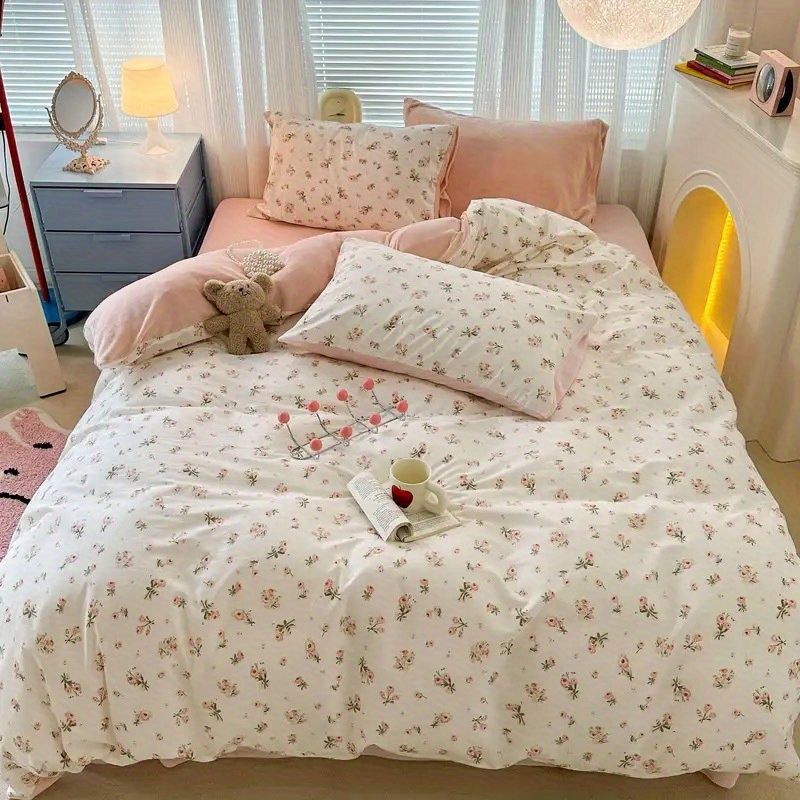 Draps de lit et couverture de couette en coton lavé doux Ensemble de quatre pièces
