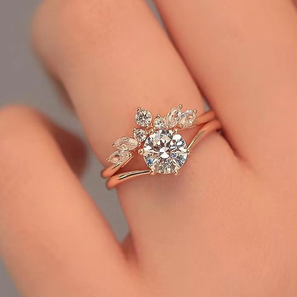 S925 Argent plaqué or 7,0mm Rond Moussanite Ensemble de mariée Couronne Bande Contour US 6-9 D Colo