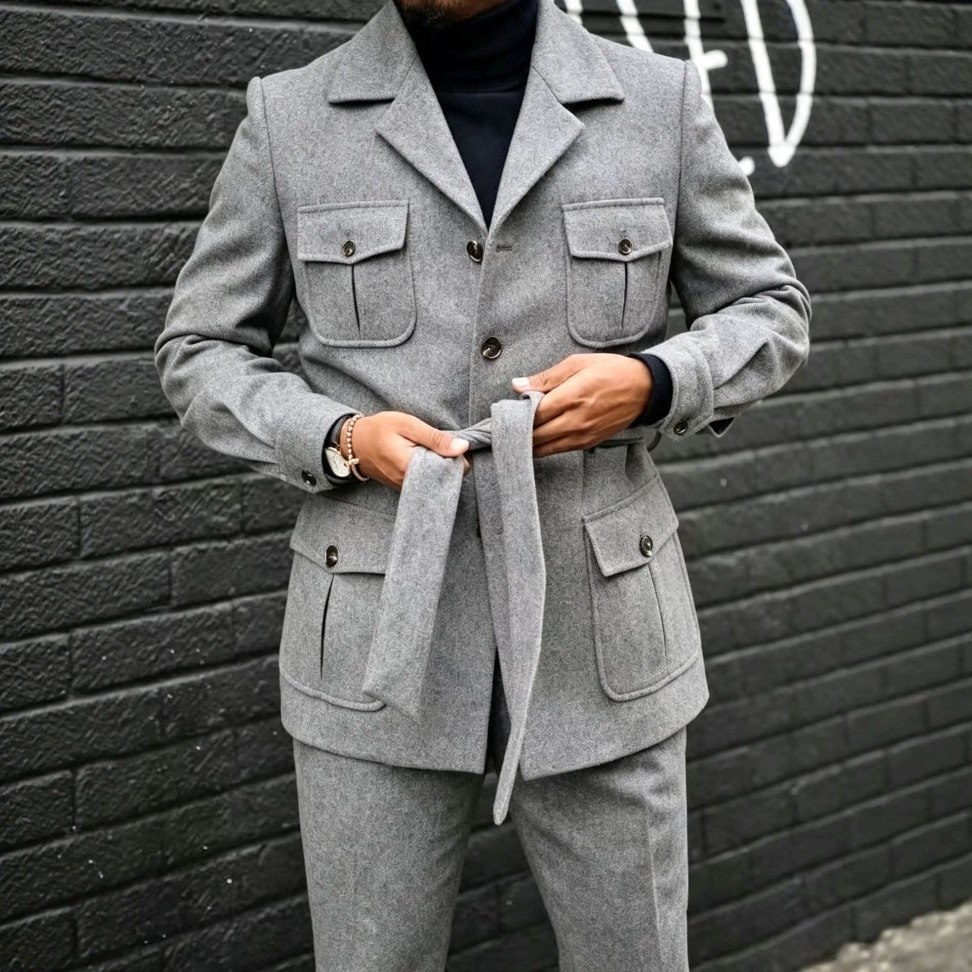 Manteau à manches simples pour hommes Lapel avec plusieurs poches