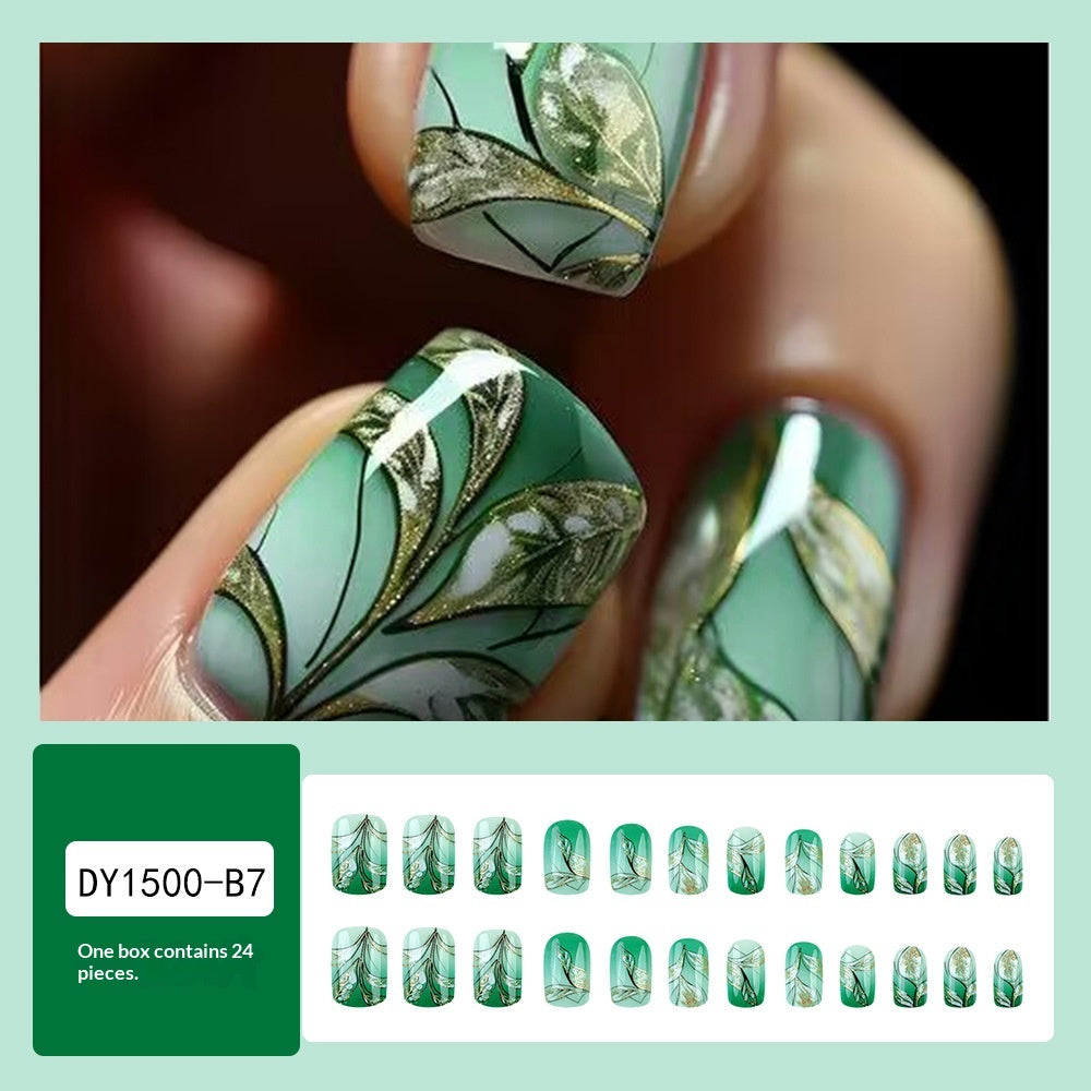 Boostez votre apparence 24 pièces Short Square Fake Green Nails Gold Foil Gradient Small Gre