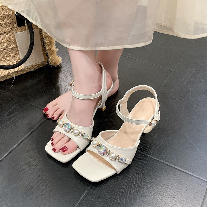 Sandales douces Bow Toe ouvert Été Carré Toe Strass Robe Match One Strap Niche High H