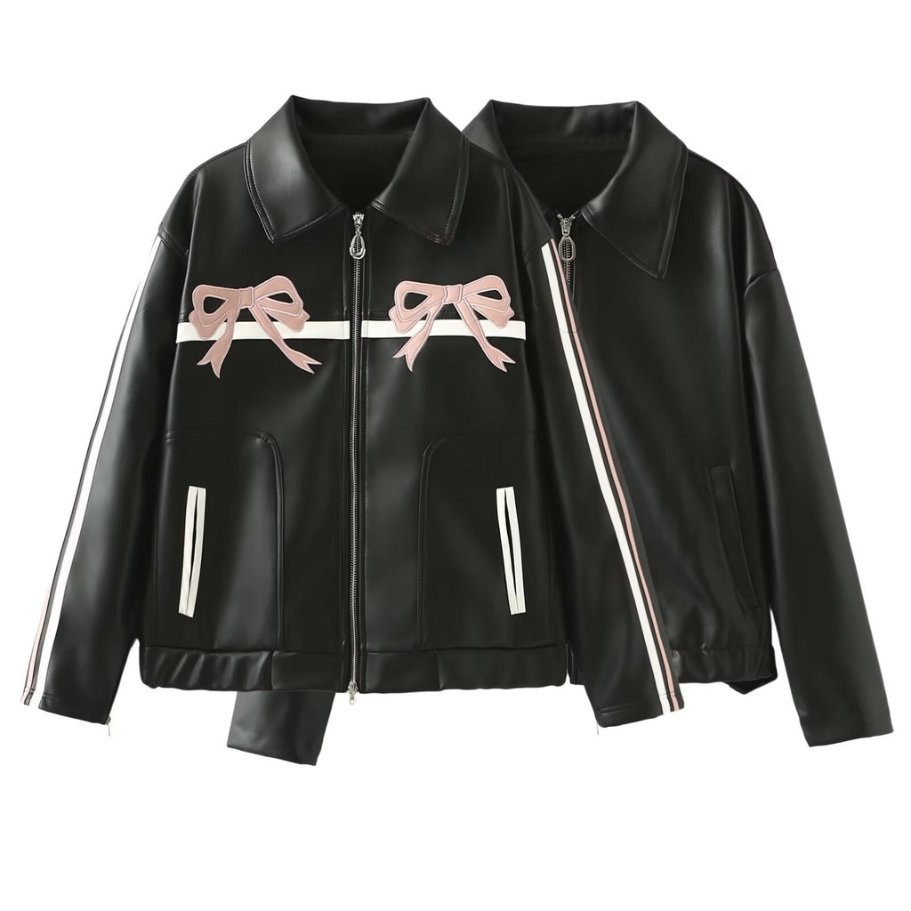 Veste en cuir pour femmes Bow-Knot Zipper