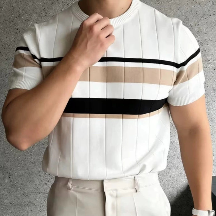 Couleur-Block rayés hommes tricoté manches courtes supérieur casual