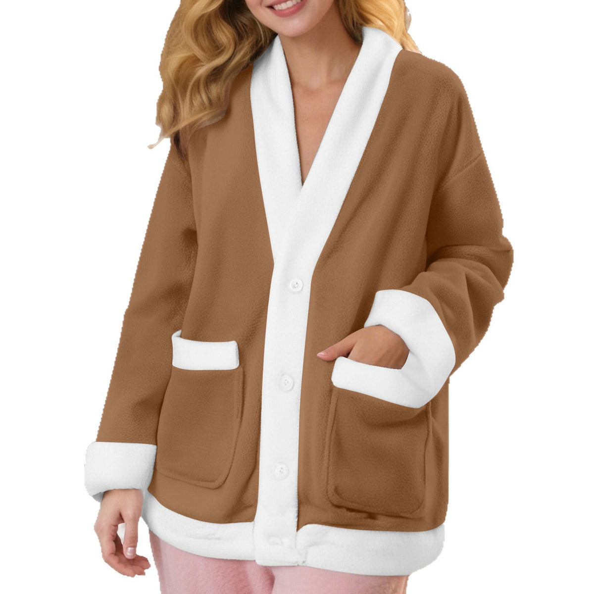 Amazon site indépendant Automne et hiver V-Neck Manches longues Couleur-Block Cardigan Flannel