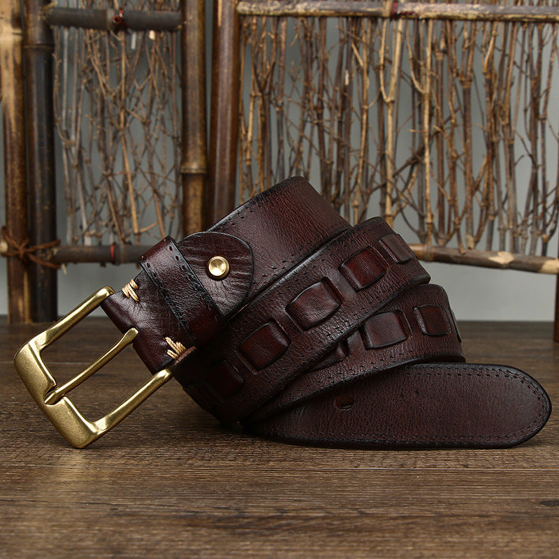 Ceinture Retro Homme en cuir véritable avec boucle en laiton