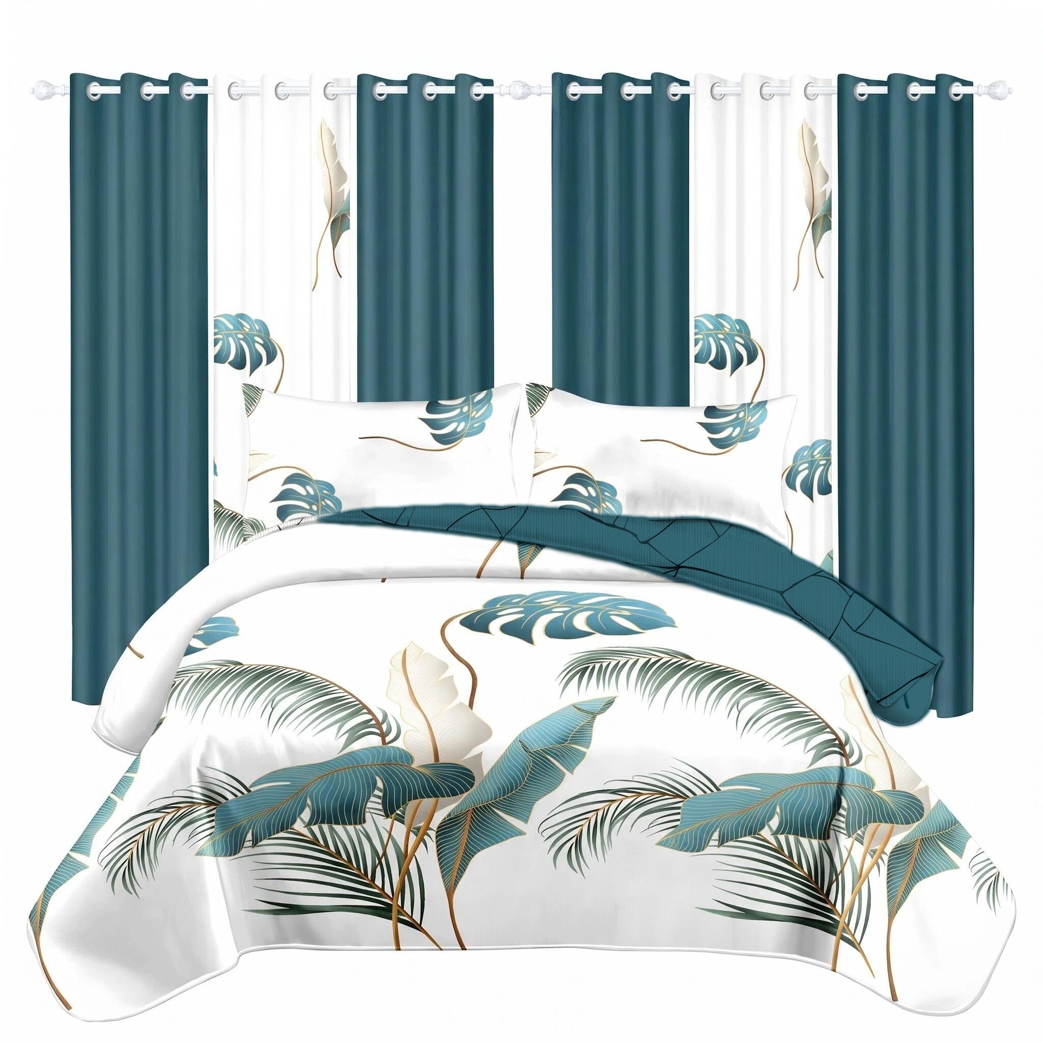 Ensemble de matelas à feuilles de palmier tropical de 9 pièces avec 6 rideaux indépendants
