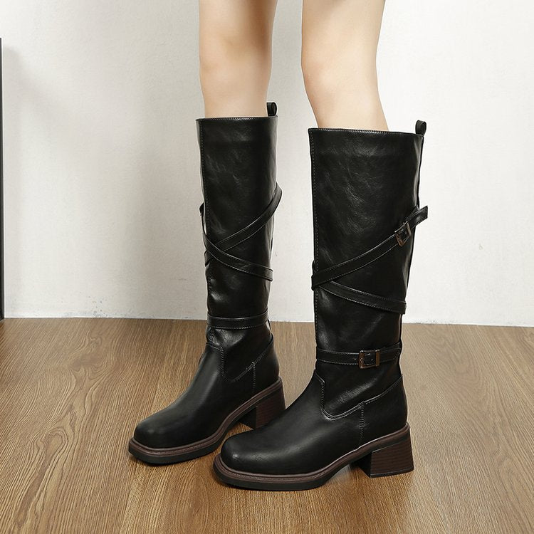 La plate-forme pour femmes Cross Buckle Knee-High Bottes