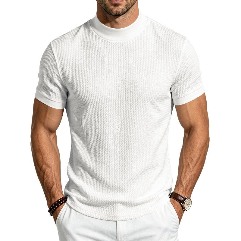 Men's Casual Jacquard Ribbon Texture Mock Neck Short Sleeve Top