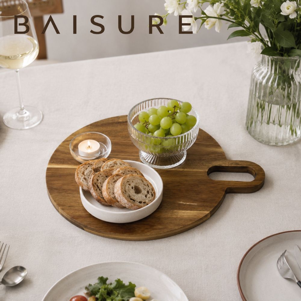 Plateau de service rond moderne en bois multi-pose avec poignée - parfait pour le breakf