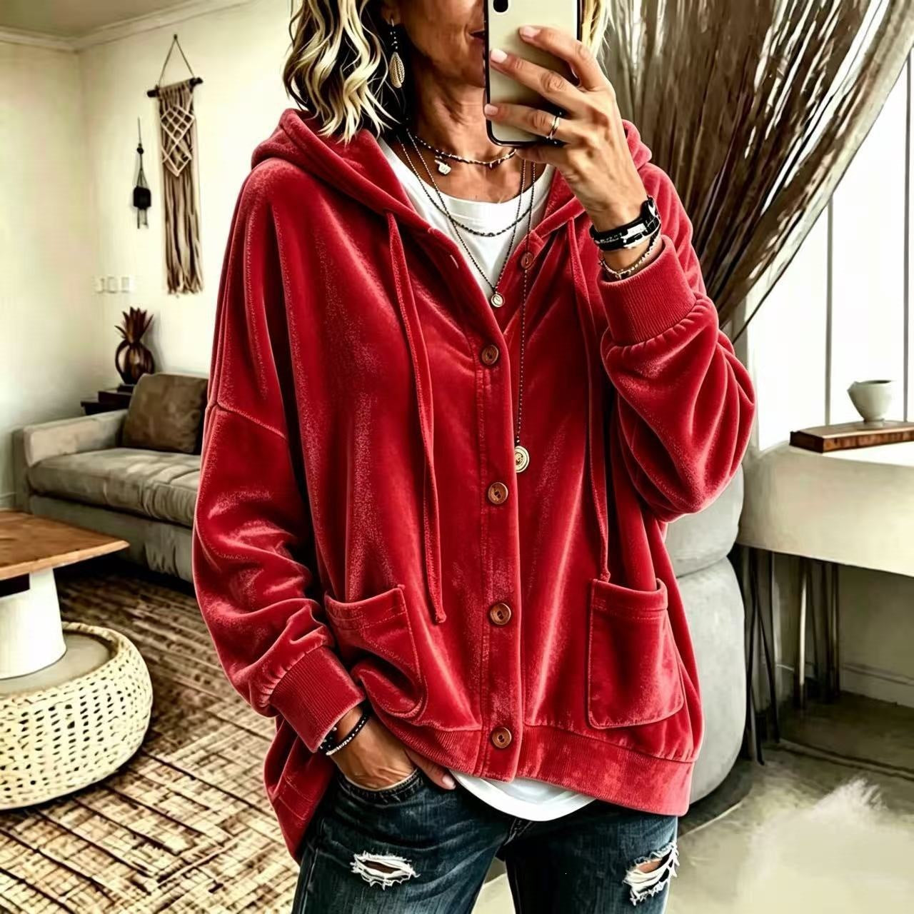 Femmes Automne Veau d'hiver Hoodie Cardigan Bouton avant cordon drawstring manches longues Casual Loose