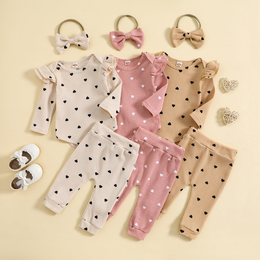 Printemps et automne Suit Heart Printing Waffle Sweat à manches longues Pantalon Pantalon Bande de cheveux Trois