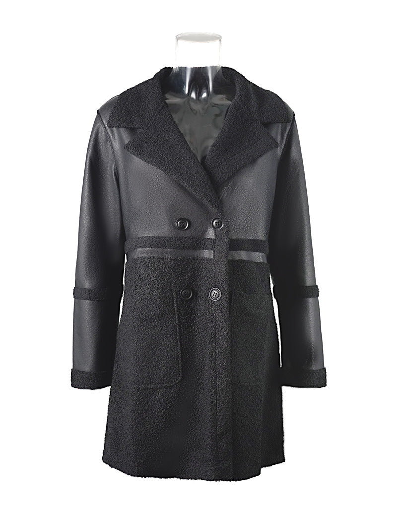 Veste en cuir mi-long pour femmes avec patchwork et design bidirectionnel