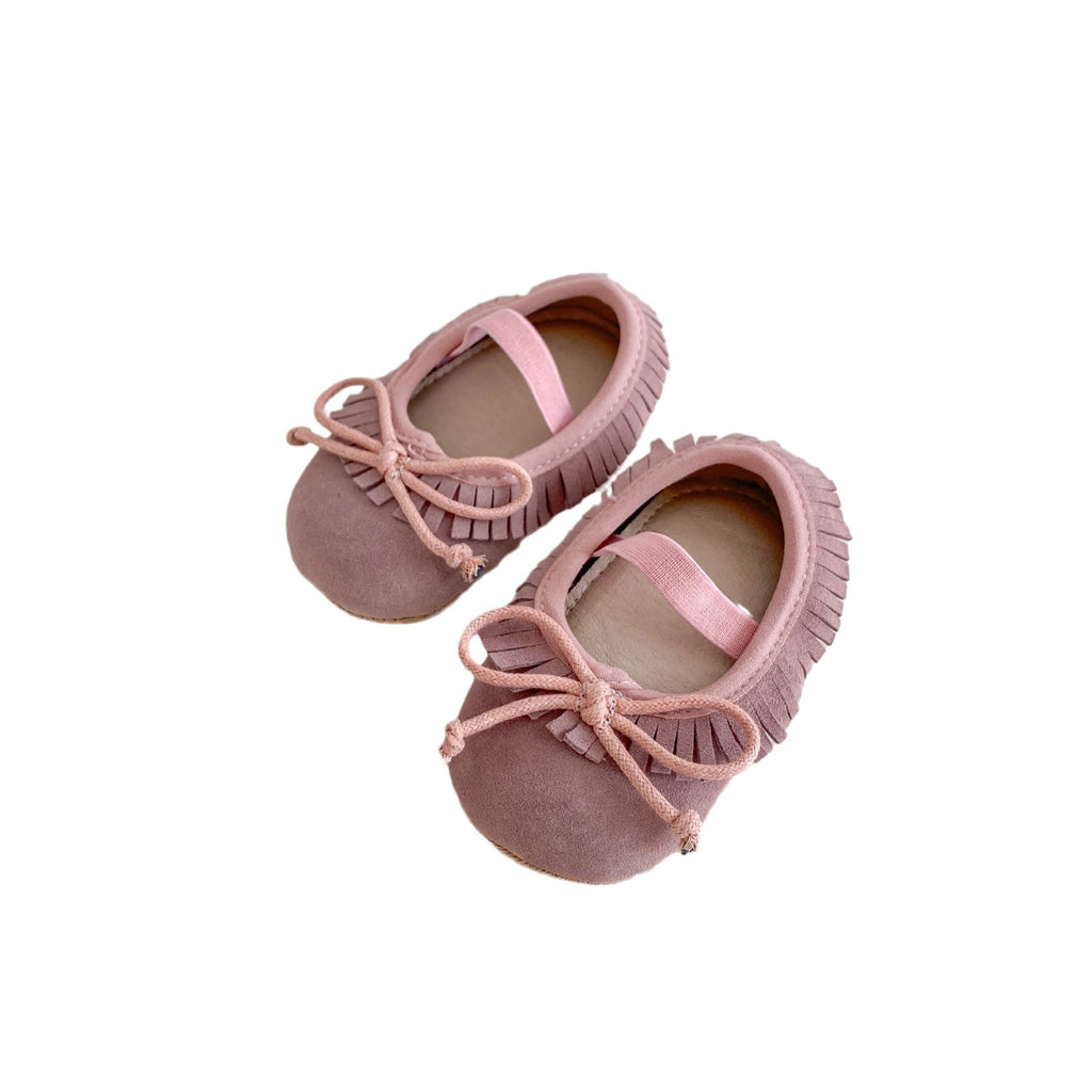Printemps véritable en cuir bébé filles chaussures Big Bow couvert frange antidérapant résistant à l'usure doux