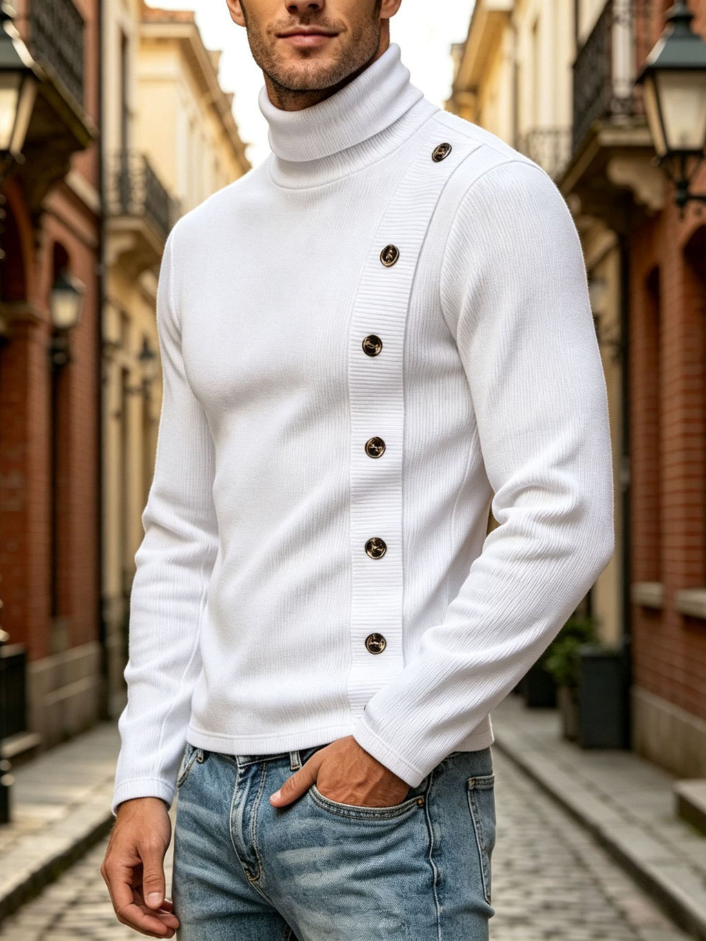 T-shirt de Texture à col haut pour homme de taille européenne avec boutons diagonaux