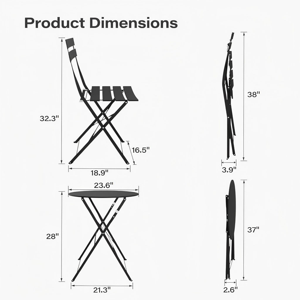 Intérieur Extérieur 3-Piece pliable Bistro Set pliant de meubles de patio extérieur 2 chaises A