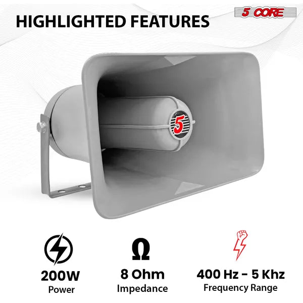 5 Core PA Horn 200W Loud Speaker 10 Inch Bull Horn Loud Audio 8Ohm All Weather Indoor