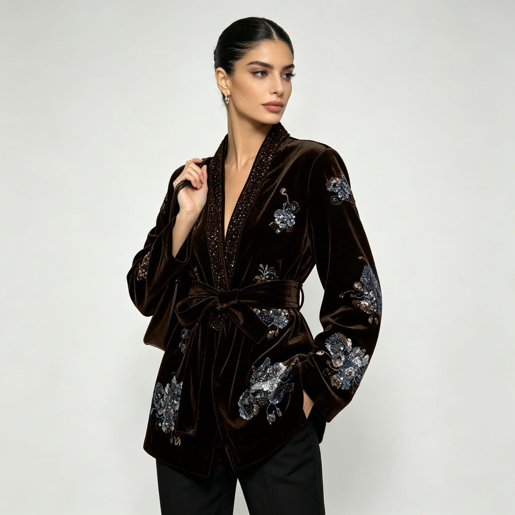 Veste florale brodée à paillettes Kimono