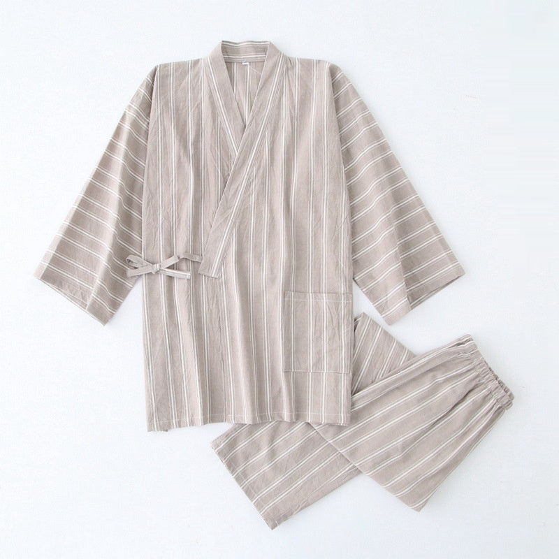 Coton Lavé Pyjama costume mince rayé hommes et femmes japonais couple Kimono pantalons