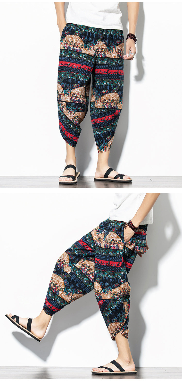 Pantalon imprimé en coton et en lin