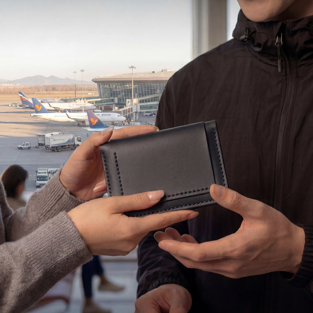 Porte-monnaie pour homme fait main avec des fentes de carte et un détenteur de passeport fait de cowhide à grains supérieurs.