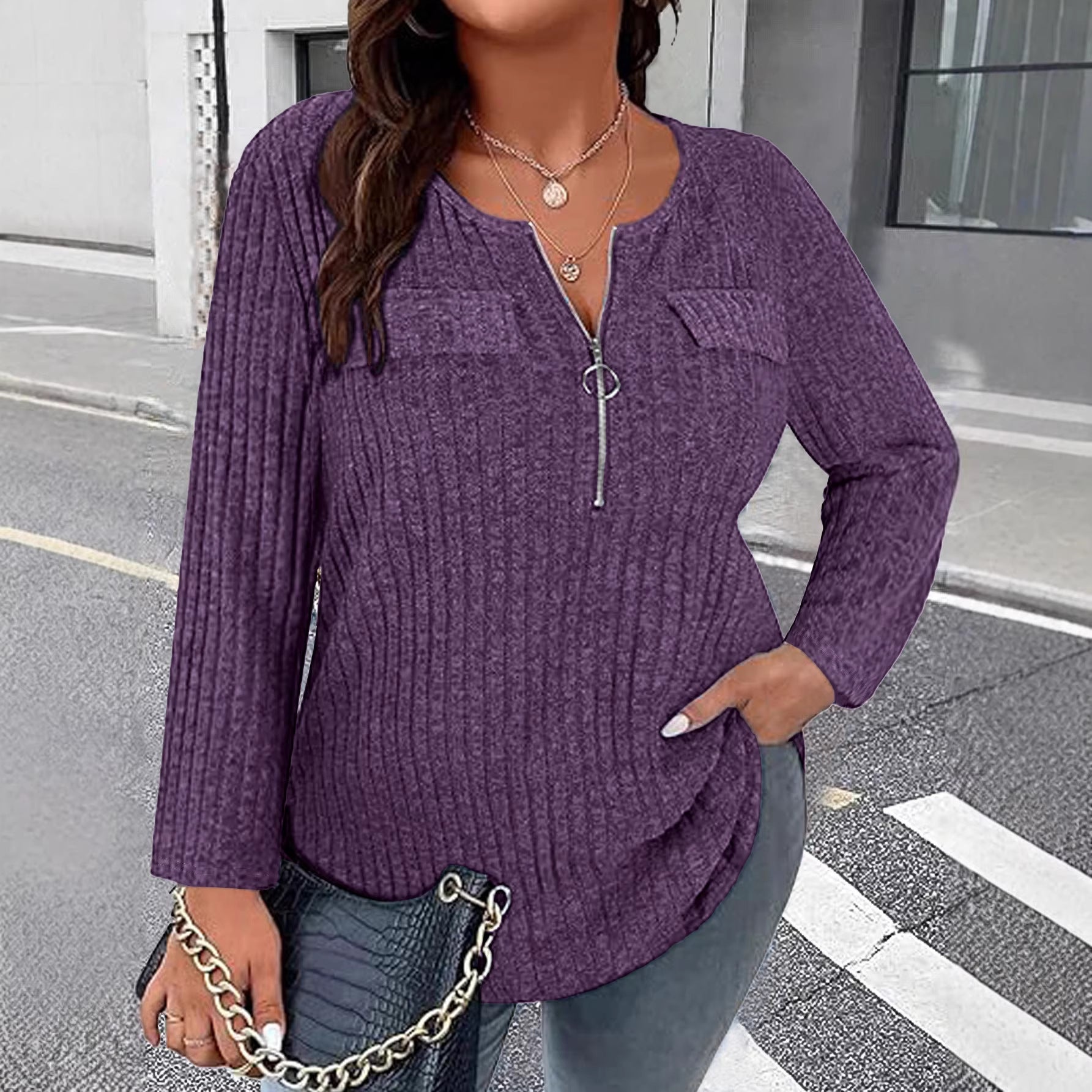 T-shirt casual femme à manches longues col en V