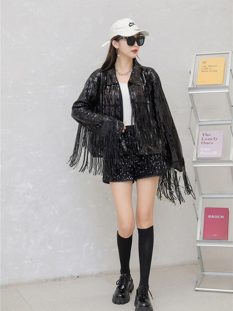 Long cardigan européen et américain avec paillettes et tassels