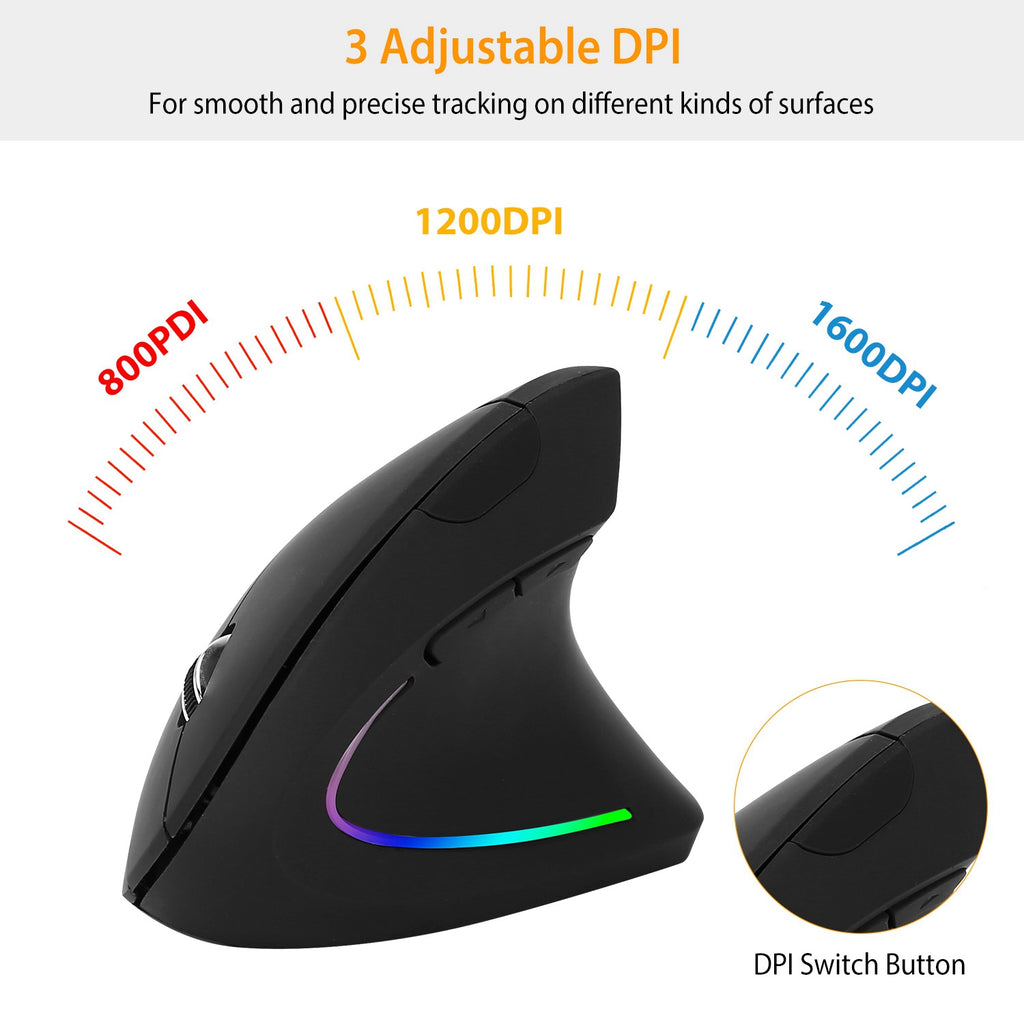 2.4G Souris verticale sans fil ergonomique optique Mice avec 6 boutons 3 DPI réglable 800 12