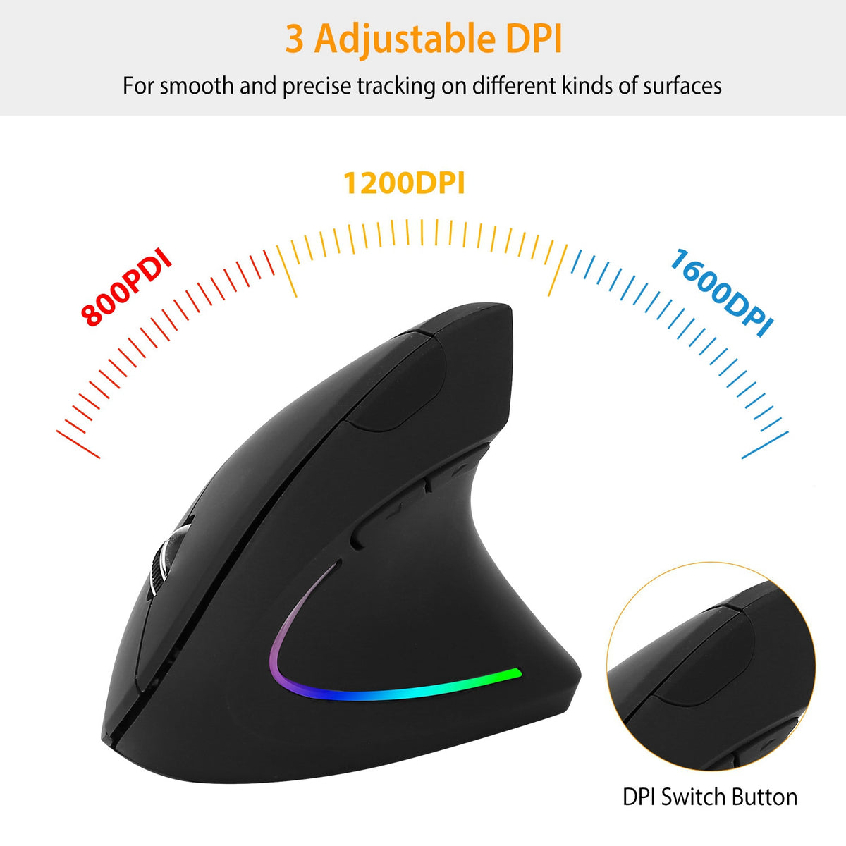 2.4G Souris verticale sans fil ergonomique optique Mice avec 6 boutons 3 DPI réglable 800 12