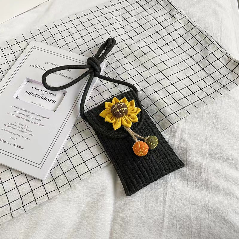 Été Cotton Rope Woven Phone Bag avec le design floral mono-épaule style