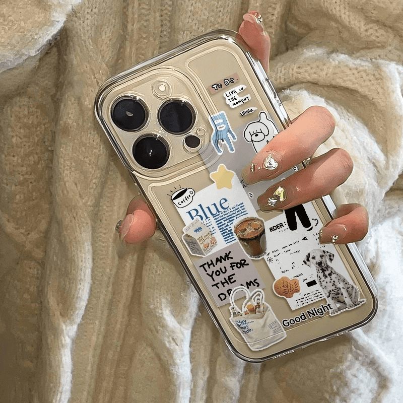 Case téléphonique transparente sur le thème du café avec des dessins animaux mignons