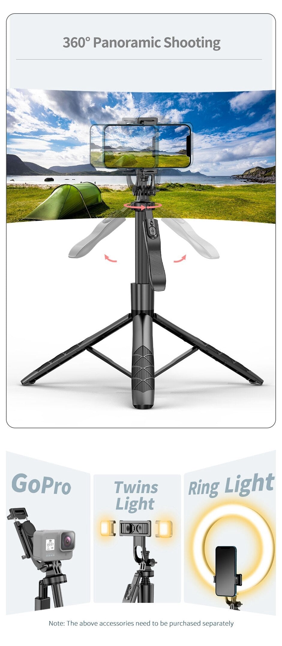 Selfie Stick Double Fill Light Bluetooth-compatible Stabilisateur à main Sol télescopique R