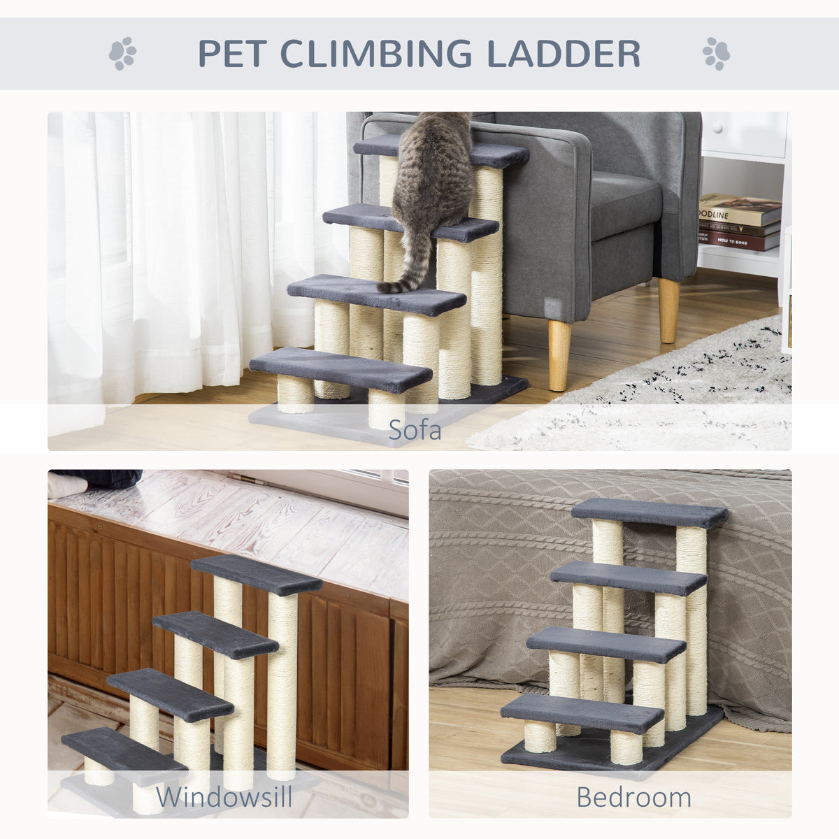 Arbre de chat avec 4 étapes pour les lits hauts avec poste de scratching sisal