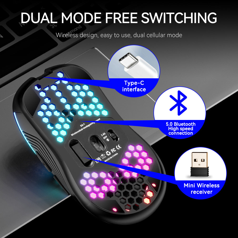 SA-1 Dual Mode Honeycomb Shell RGB sans fil Bluetooth Computer Gaming Mouse