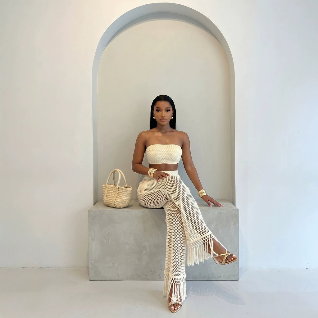 Fashionable femmes Voir-through Hollowed-Out Pantalons et tricoted tube Top Set
