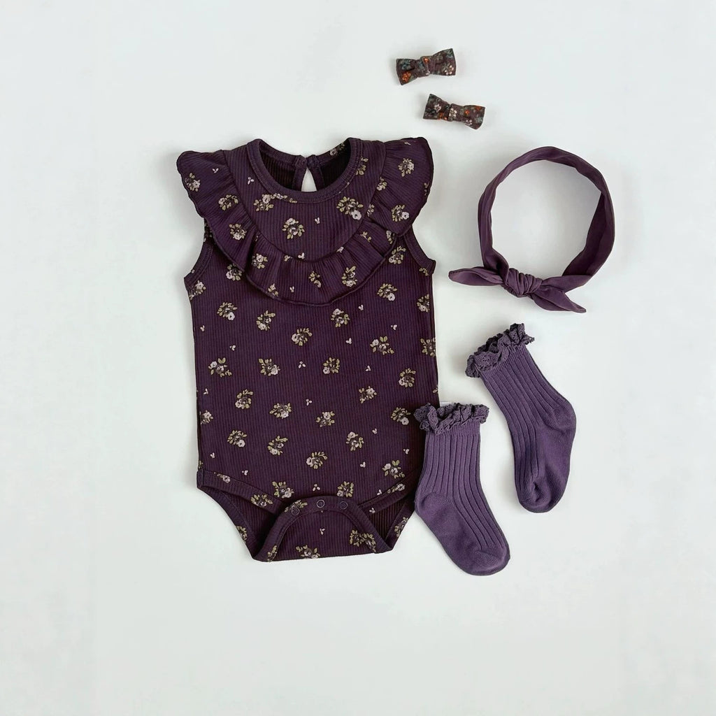 Summer Niche style Ruffled Berry-purple Floral Baby Onesie