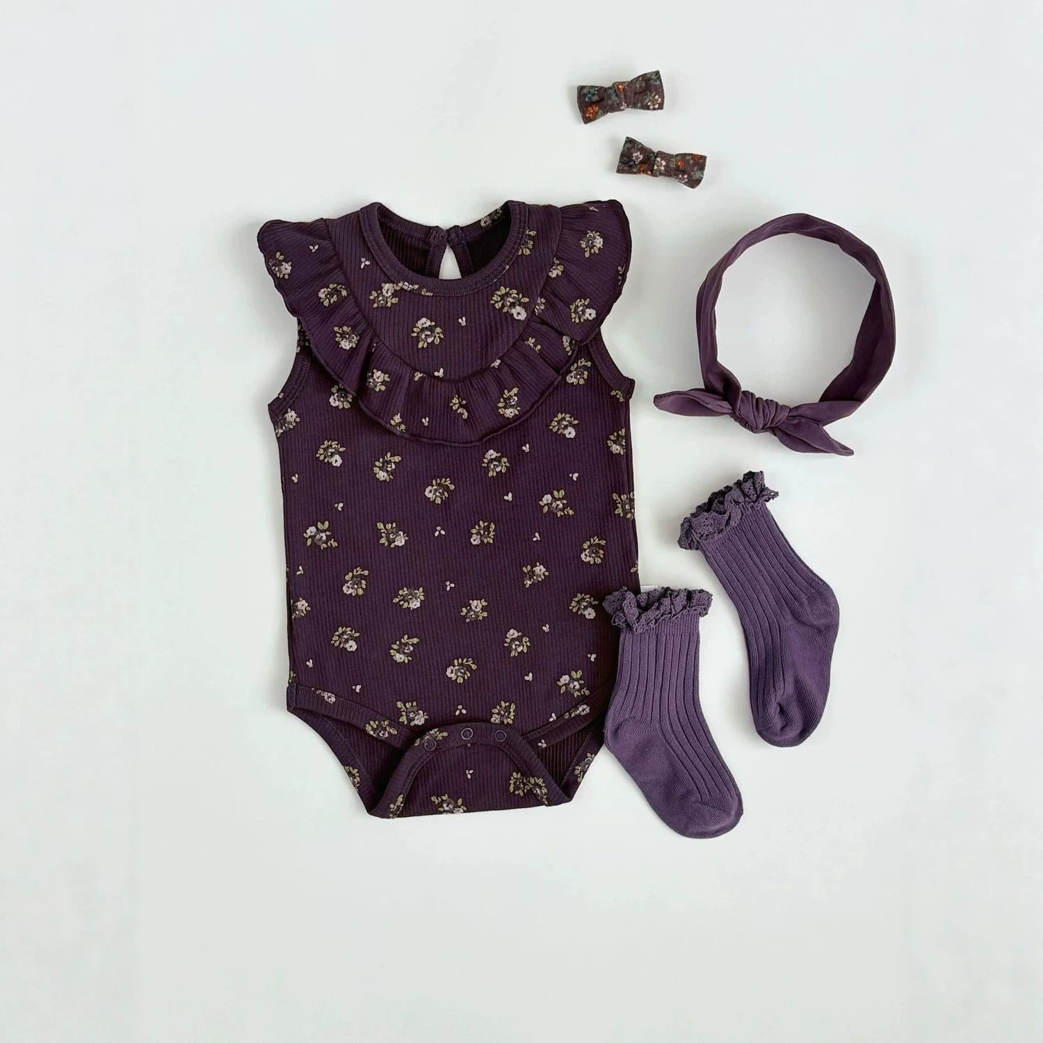 Summer Niche style Ruffled Berry-purple Floral Baby Onesie