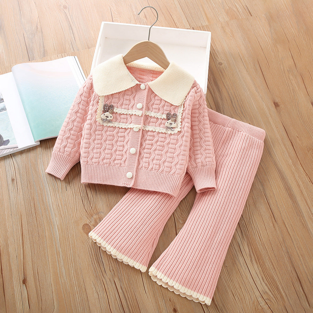 Cardigan tricoté et pantalons de style occidental Set en deux pièces pour bébé fille