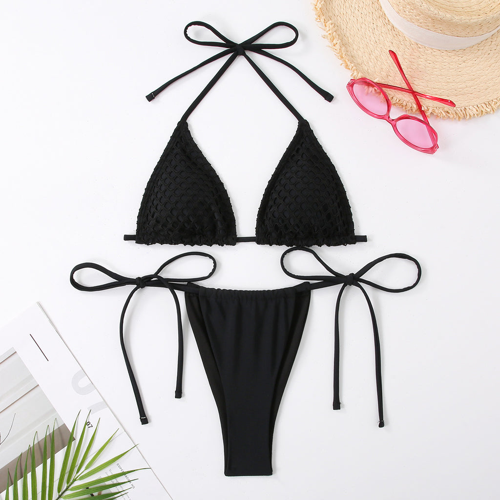 Maillot de bain bi-pièce Jacquard pour femme en couleur unie avec pinces à cravate