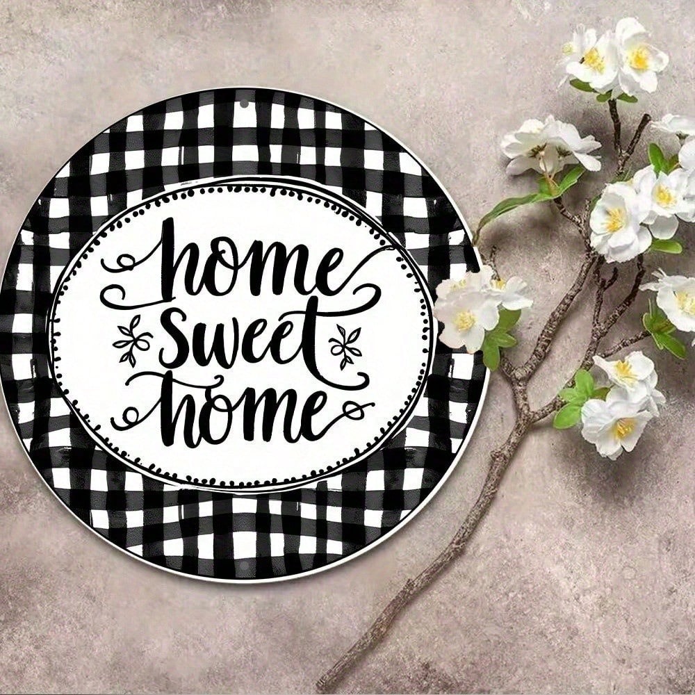 Black and White Checkered Home Sweet Wreath Round Metal Sign 8in