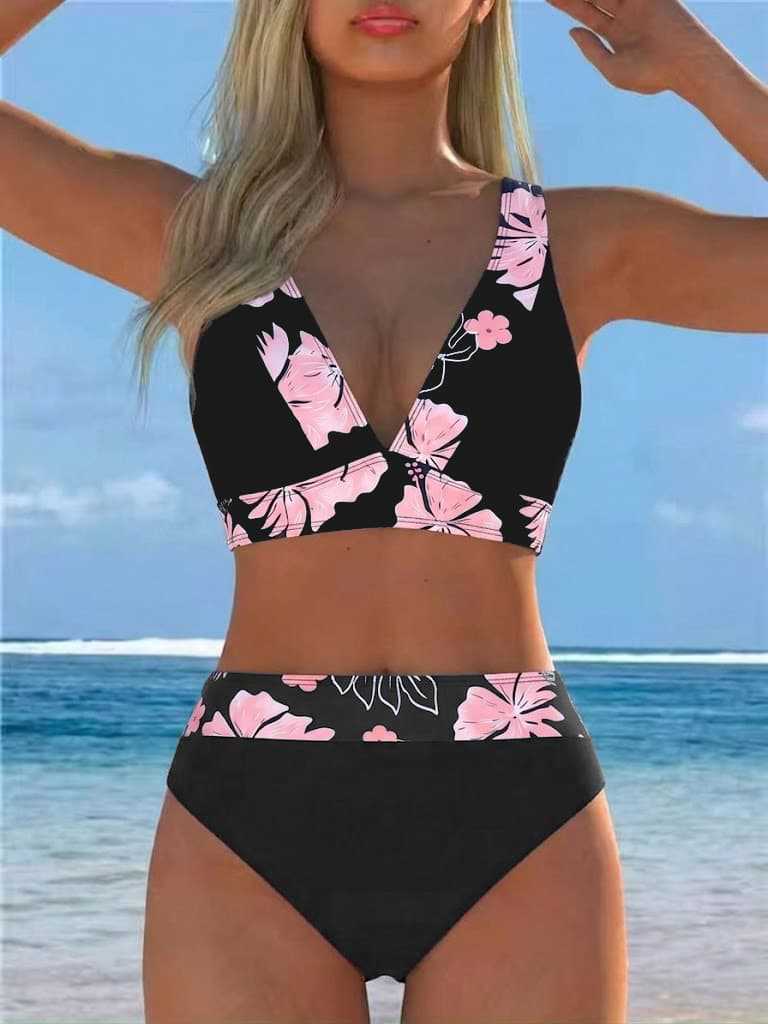 European and American-style Deux-pièces imprimé Patchwork Halter Femmes maillot de bain
