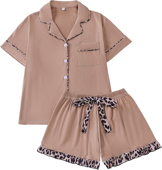 Pyjama d'été RONGTAI pour femmes set Short Sleeve Button Down Leopard Pjs Lounge sets doux