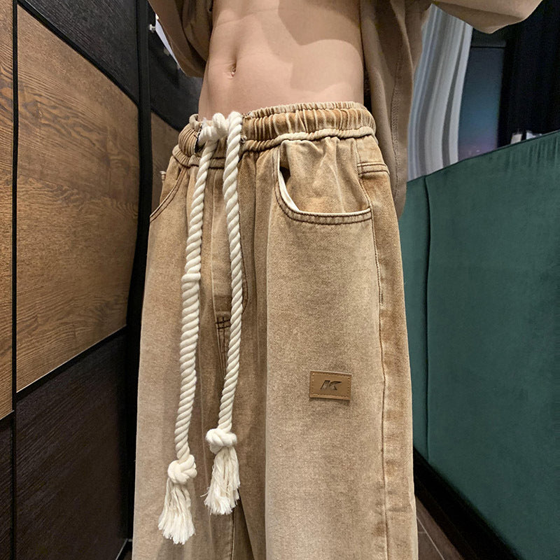 Hommes Elastic-waist Drawstring Jeans Loose-fit Straight-leg Style