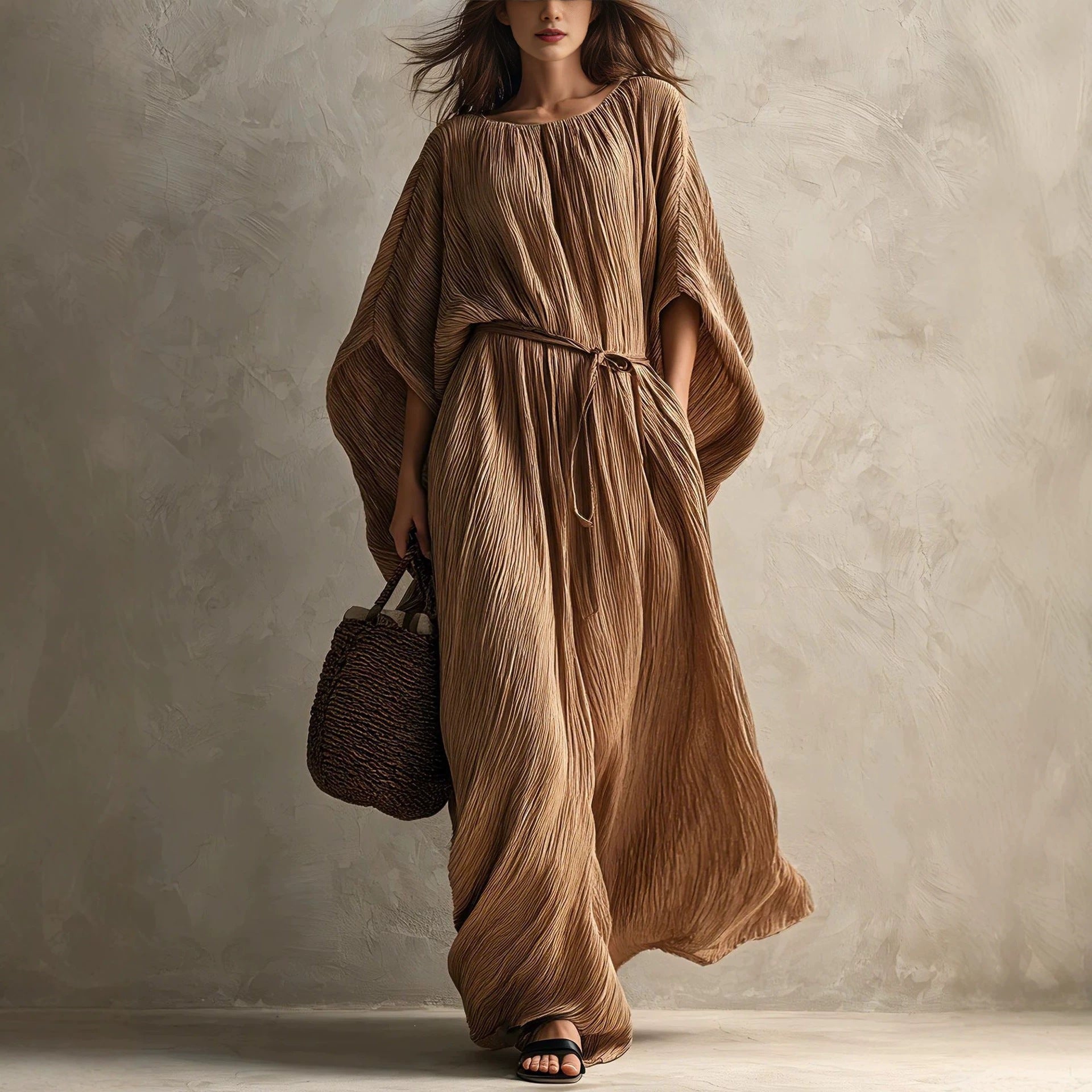 Robe à cintrer texturé en plis à manches de chauve-souris