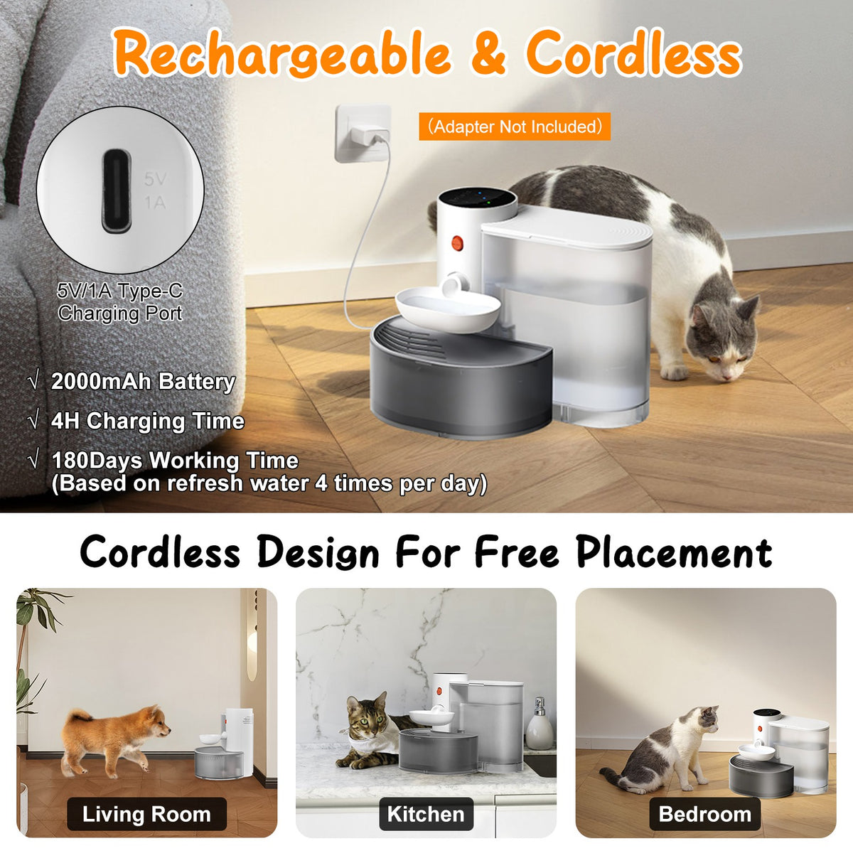 1Pc Smart Pet Fontaine d'eau Distributeur automatique d'eau de chat 3L sans fil Rechargeable Dog Wa